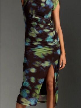 Anthropologie Black Midi Dress with Blue and Green Floral Print